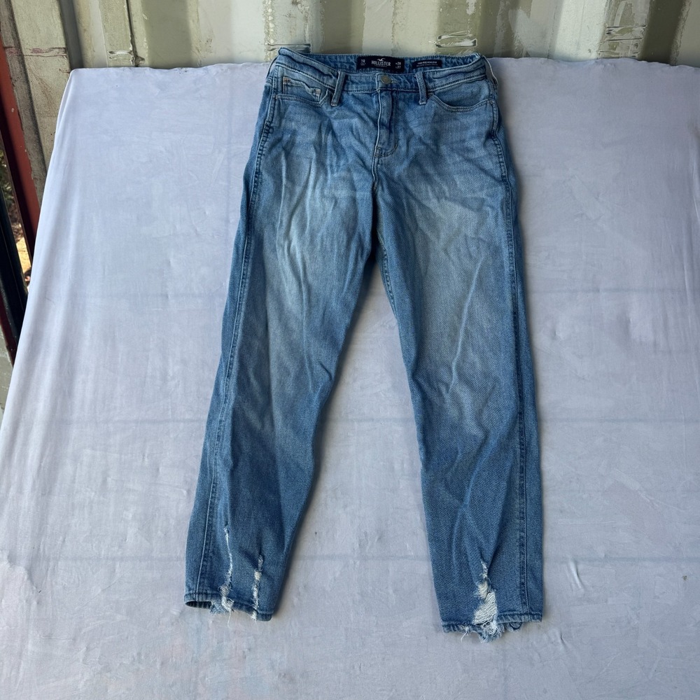Hollister High-Rise Mom Jeans Women's 7R Blue Denim Vintage Stretch Frayed Hem